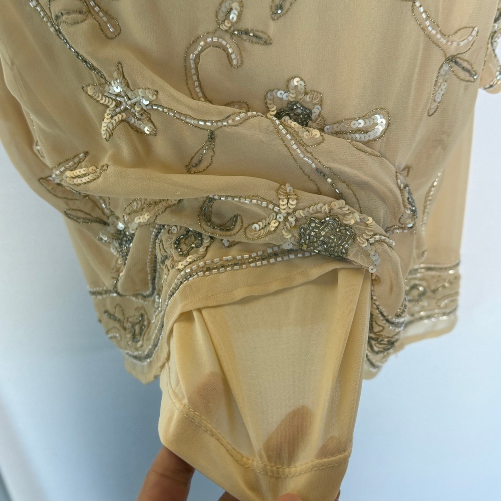 Zara Beaded Sequin Lined Top Women's Medium Tan Floral Sheer Fairycore Whimsical - Picture 6 of 10